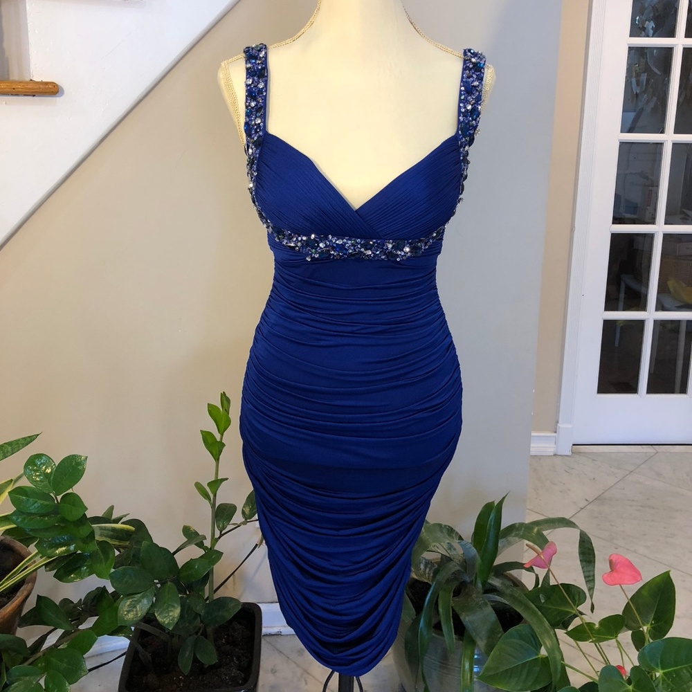 Royal Blue Beaded Strap Embellished Cocktail Dress